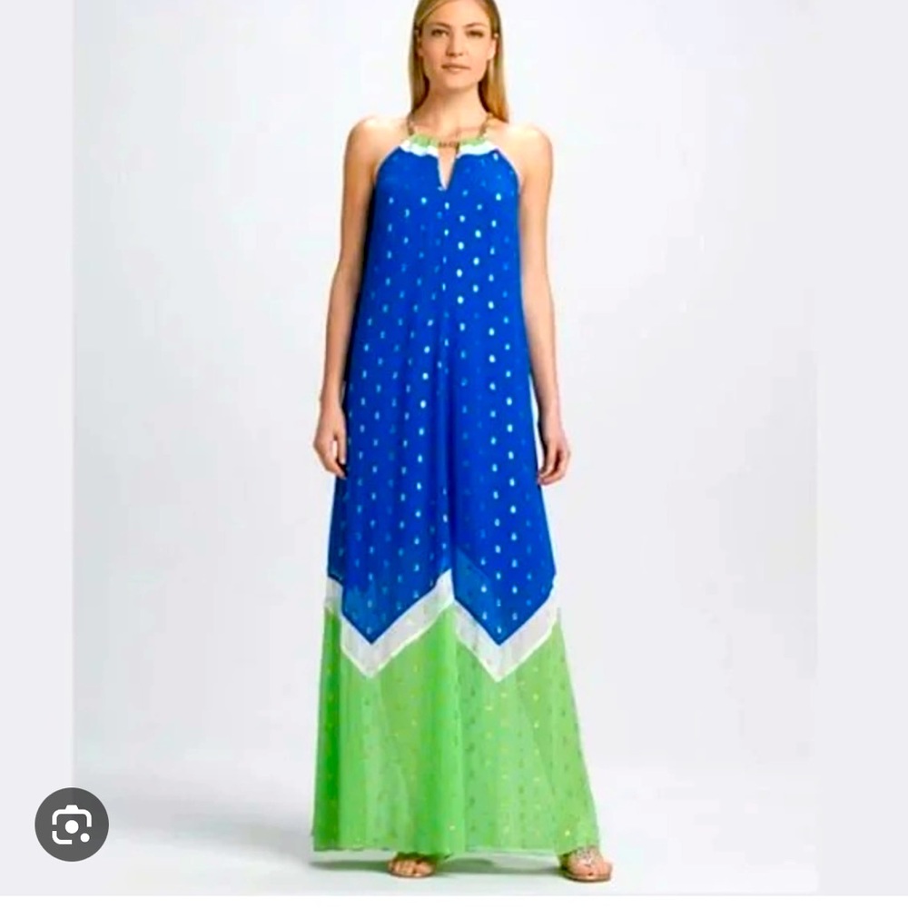 Lilly Pulitzer gorgeous blue maxi dress with gold fleck detail and chain